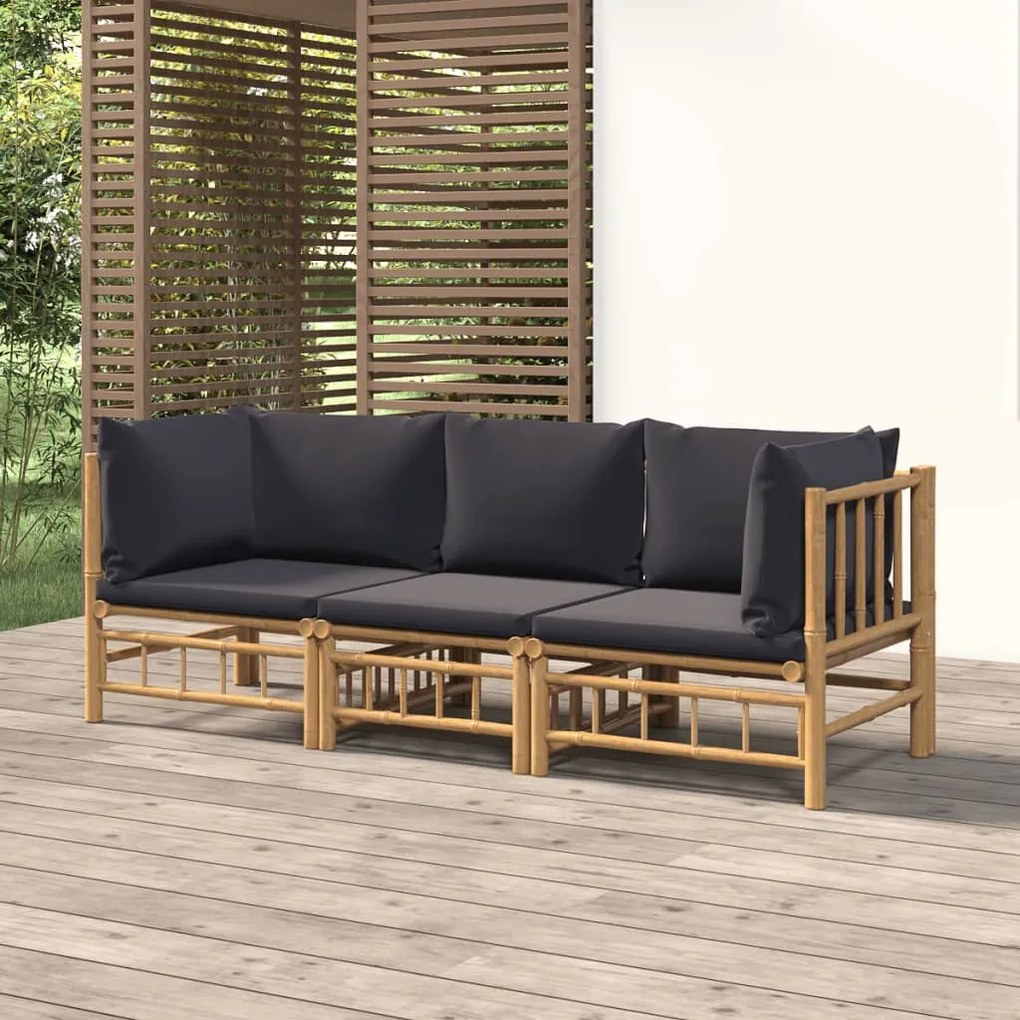 3pcs conj. lounge de jardim bambu c/ almofadões cinzento-escuro