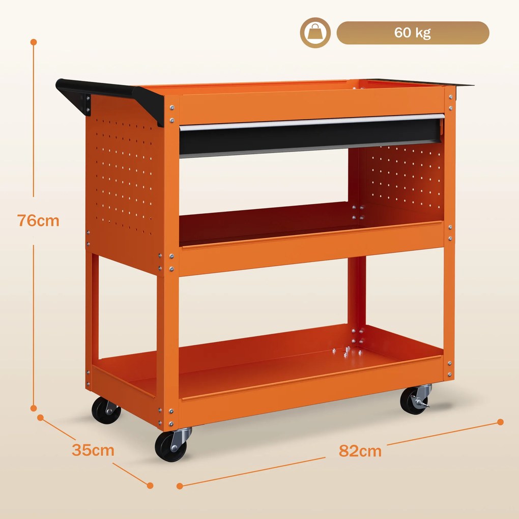 Carrinho de Ferramentas para Oficina, 82 x 35 x 76 cm, 3 Níveis, Laranja