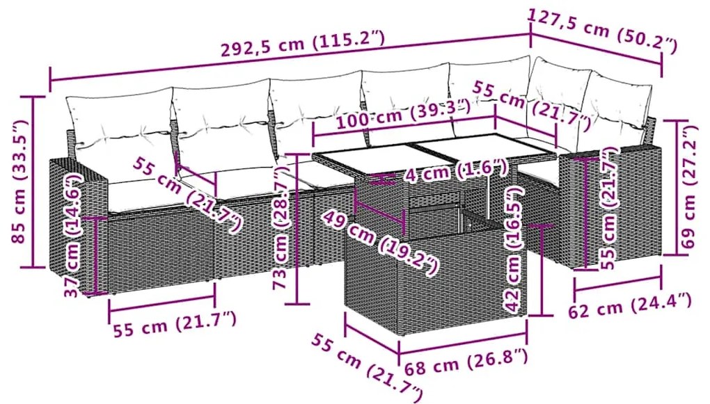 7 pcs conj. sofás jardim com almofadões vime PE cinzento-claro