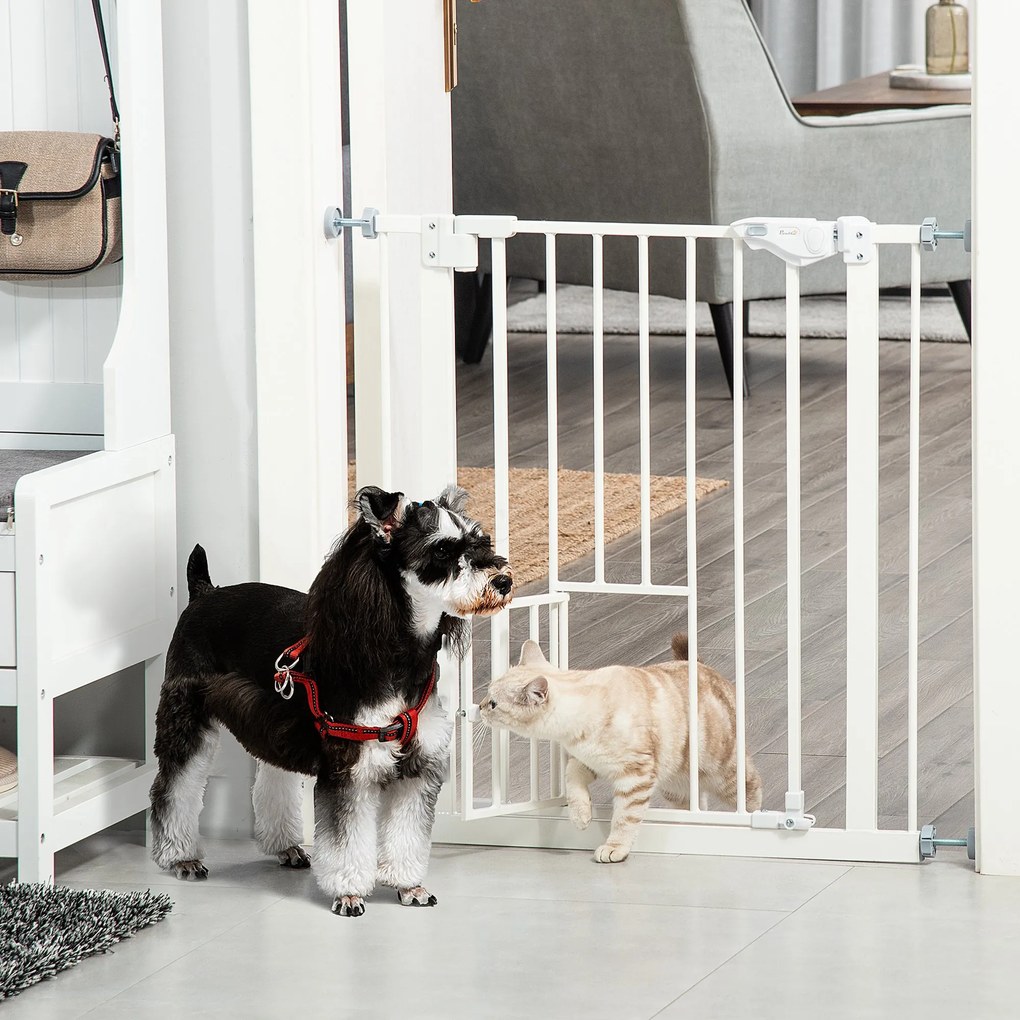 PawHut Barreira de Segurança para Cães Animais de Estimação 74-80cm para Escadas Portas e Corredor com Porta com Fechamento Automático e Sistema de Duplo Bloqueio Altura 76,2cm Branco