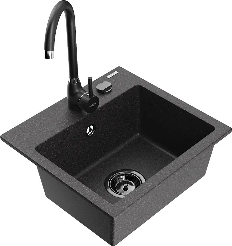 Mexen Milo lava-louça de granito de 1 cuba com torneira de cozinha Telma, preto salpicado - 66505-76-670200-70-B
