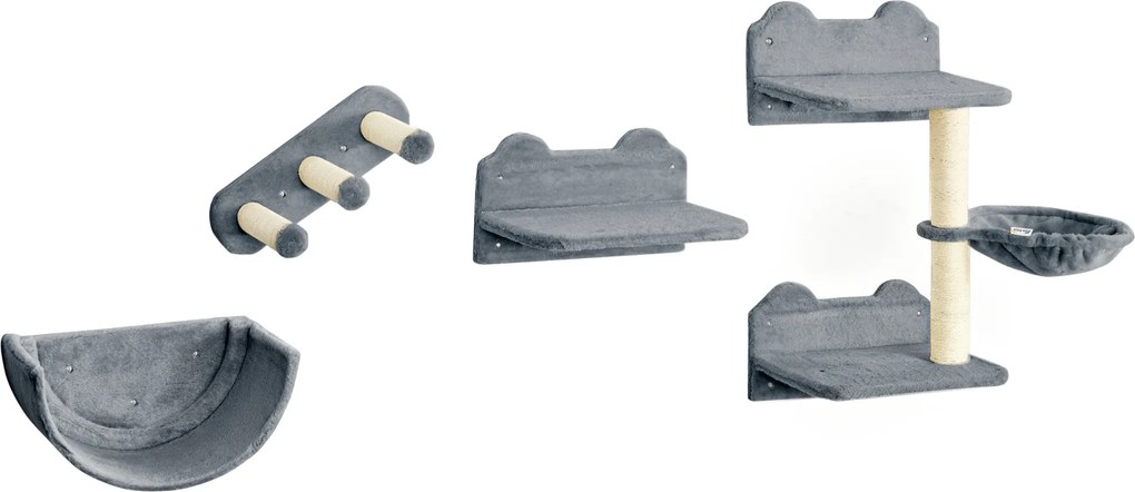 PawHut Prateleiras Parede Gatos 4 Peças Rede Plataforma Semicircular Salto Poste Sisal Resistente Aventura Conforto Cinza | Aosom Portugal
