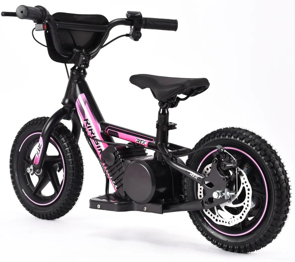 Bicicleta eléctrica para crianças RIRIBIKE RTX3 24V (12"), bateria de lítio, motor de 100W, travão de disco, assento ajustável em PU macio Rosa