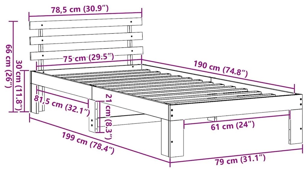 Estrutura de Cama de Madeira de Pinho Natural Madeira 75 x 190 cm