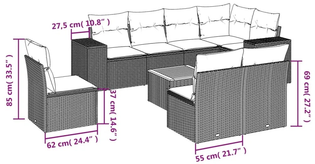 9 pcs conjunto de sofás p/ jardim com almofadões vime PE bege