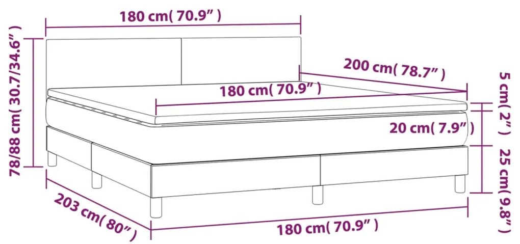 Cama box spring c/ colchão/LED 180x200 cm veludo verde-escuro