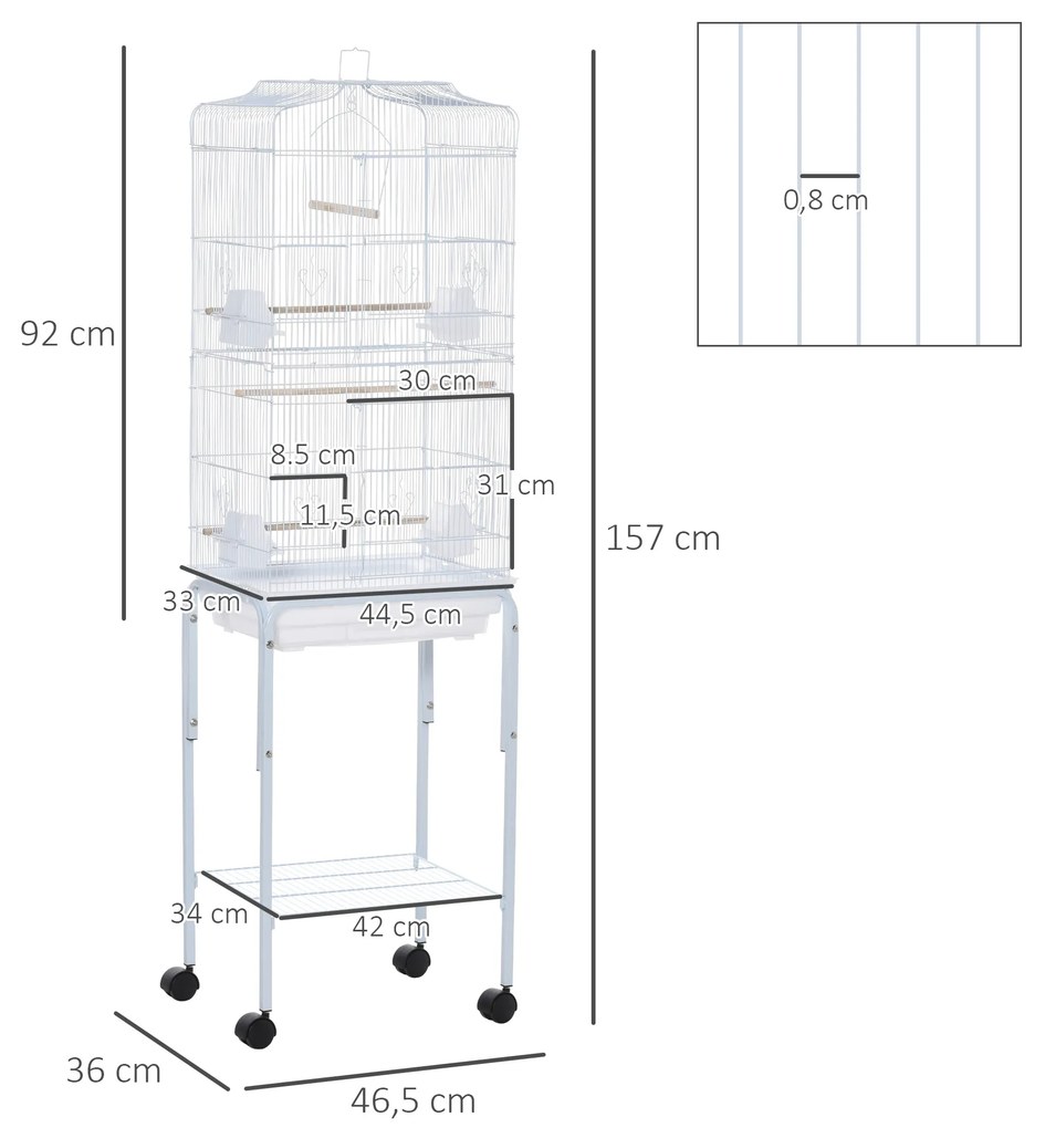 Gaiola para Passáros com Suporte Gaiola Metálica de Aves Canários com 4 Rodas Portas 4 Comedouros 3 Poleiros Bandeja Removível e Prateleira Inferior 4