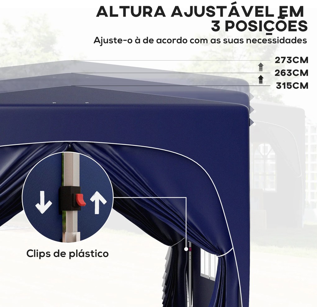 Tenda Dobrável 3x3 m com Painéis Laterais UPF50+ Tenda de Jardim com Altura Ajustável e Bolsa de Transporte Azul Escuro