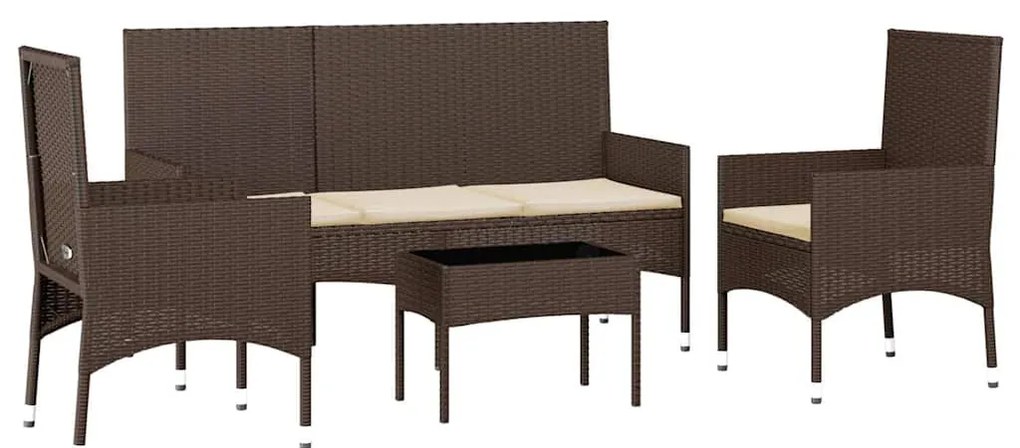 4 pcs conjunto lounge jardim c/ almofadões vime PE castanho