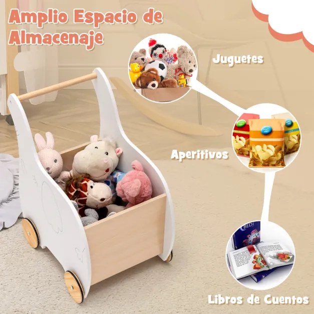 Carrinho de compras infantil de madeira, alça com gaveta saltadora, jogo educativo para crianças de 1 a 3 anos, 32 x 48 x 56 cm, branco