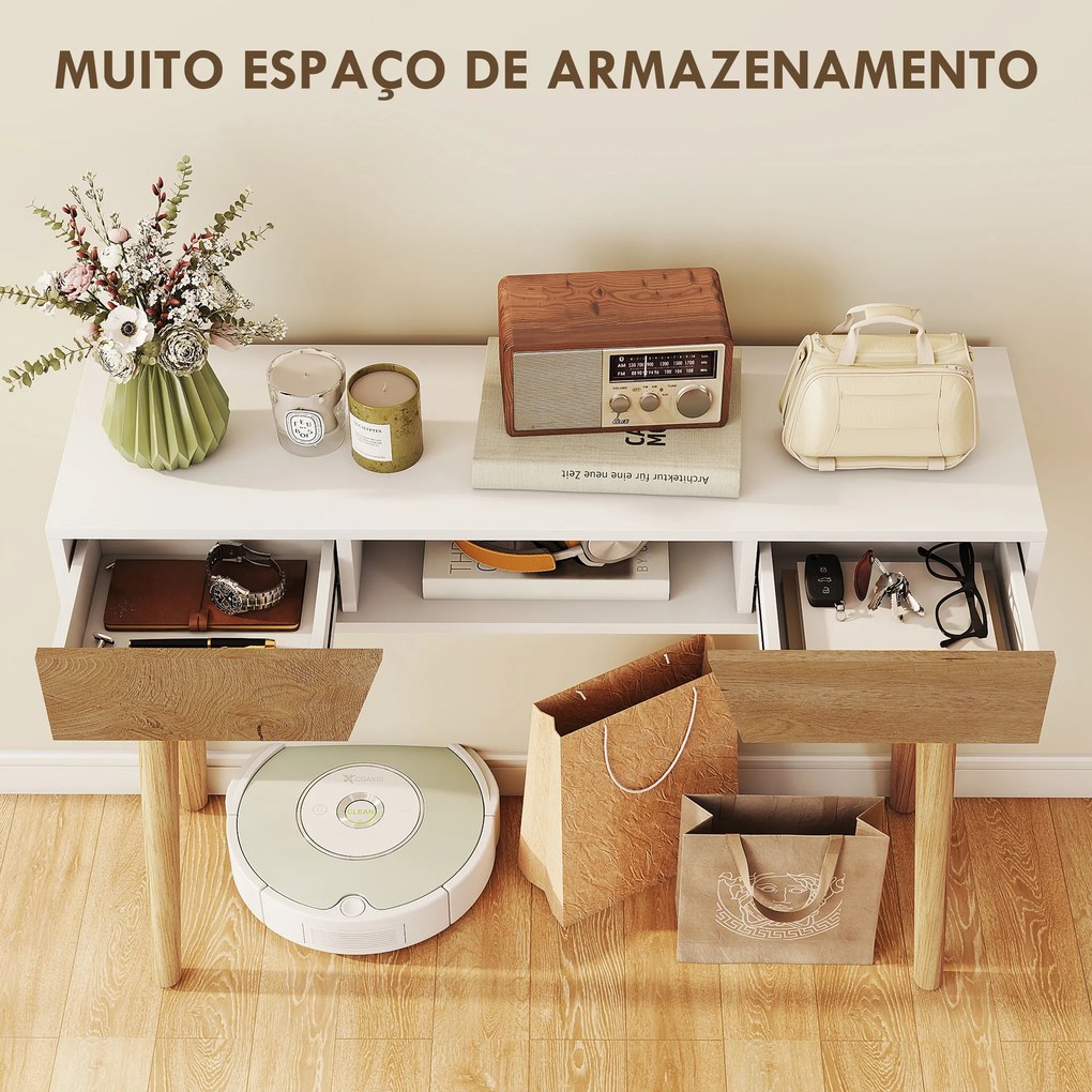 Mesa de Consola Estreita Consola de Entrada Moderna com 2 Gavetas Compartimento e Pés de Madeira 100x30x75 cm Branco