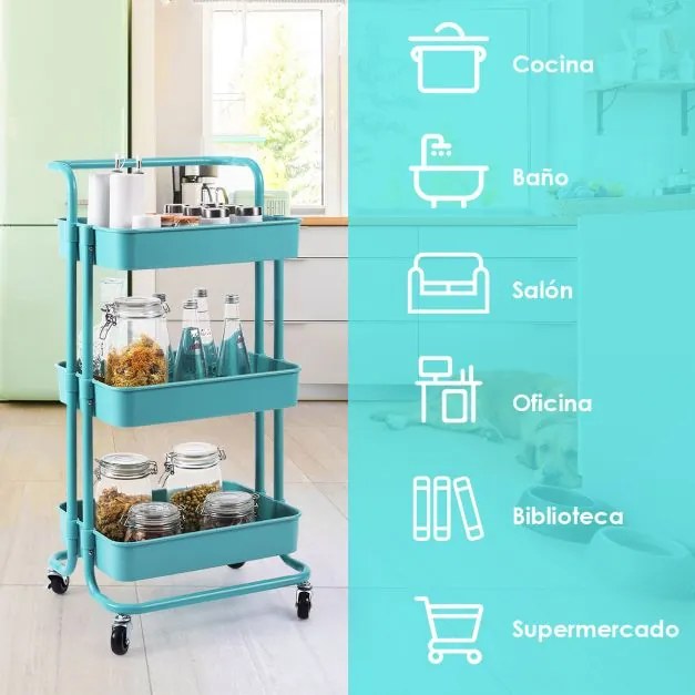 Carrinho de Cozinha com 4 Rodas Universais Carga 60 kg e 3 Cestos de ABS Antioxidante 42 x 35,5 x 86 cm Verde