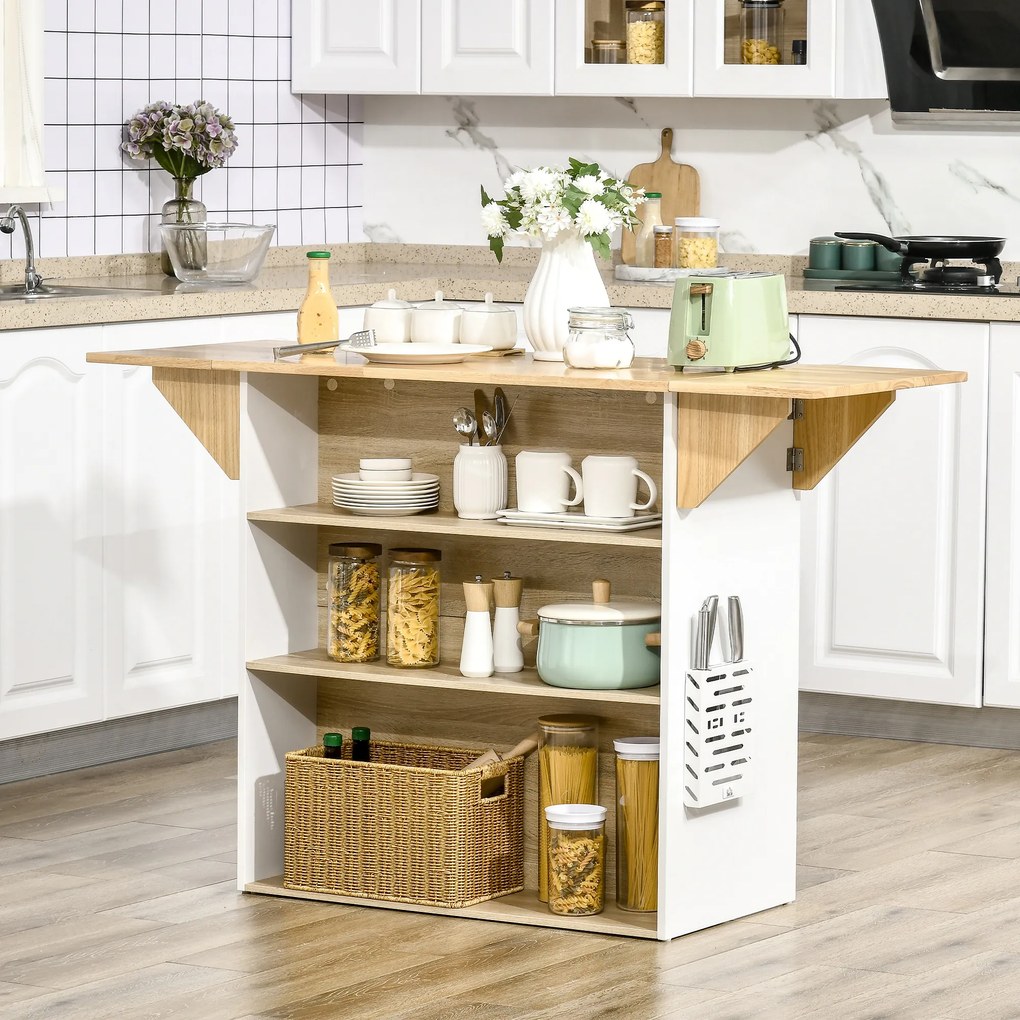 HOMCOM Móvel Ilha de Cozinha Carrinho de Cozinha com Laterais Abatíveis 3 Prateleiras Abertas e Suporte para Facas para Sala de Jantar Restaurante Estilo Moderno 140x55x91cm Carvalho e Branco