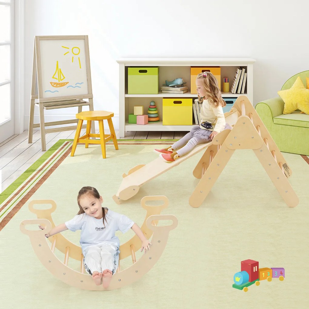 Triângulo de trepar em madeira 4 em 1 para crianças Jogo de trepar com triângulo/arco/alça para deslizar ou trepar Montessori Natural