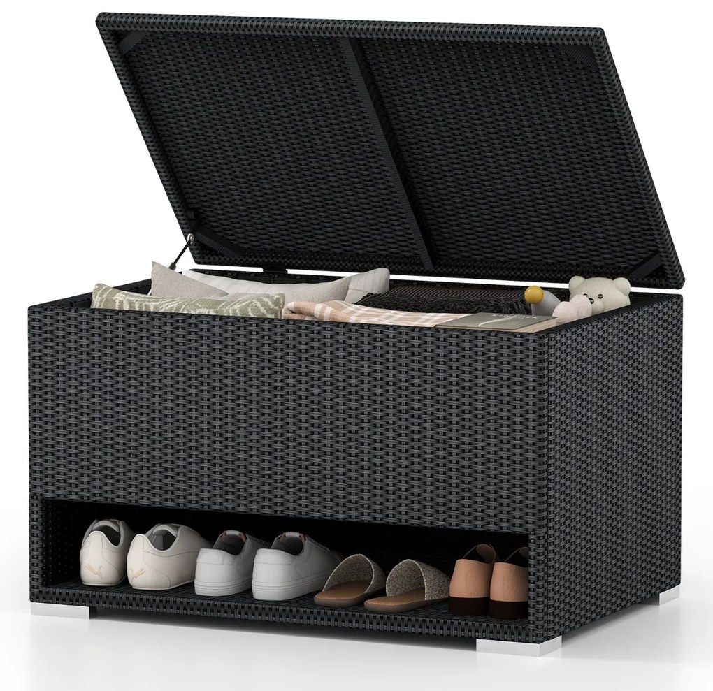 Caixa de armazenamento exterior de rattan com sapateira 95 x 60 x 58 cm com Forro protetor impermeável para Almofadas, terraço Varanda Preto