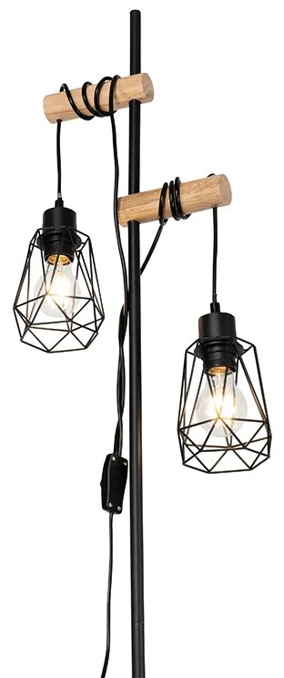 Candeeiro de pé rústico preto com madeira 2-luzes com cúpula - Dami Frame