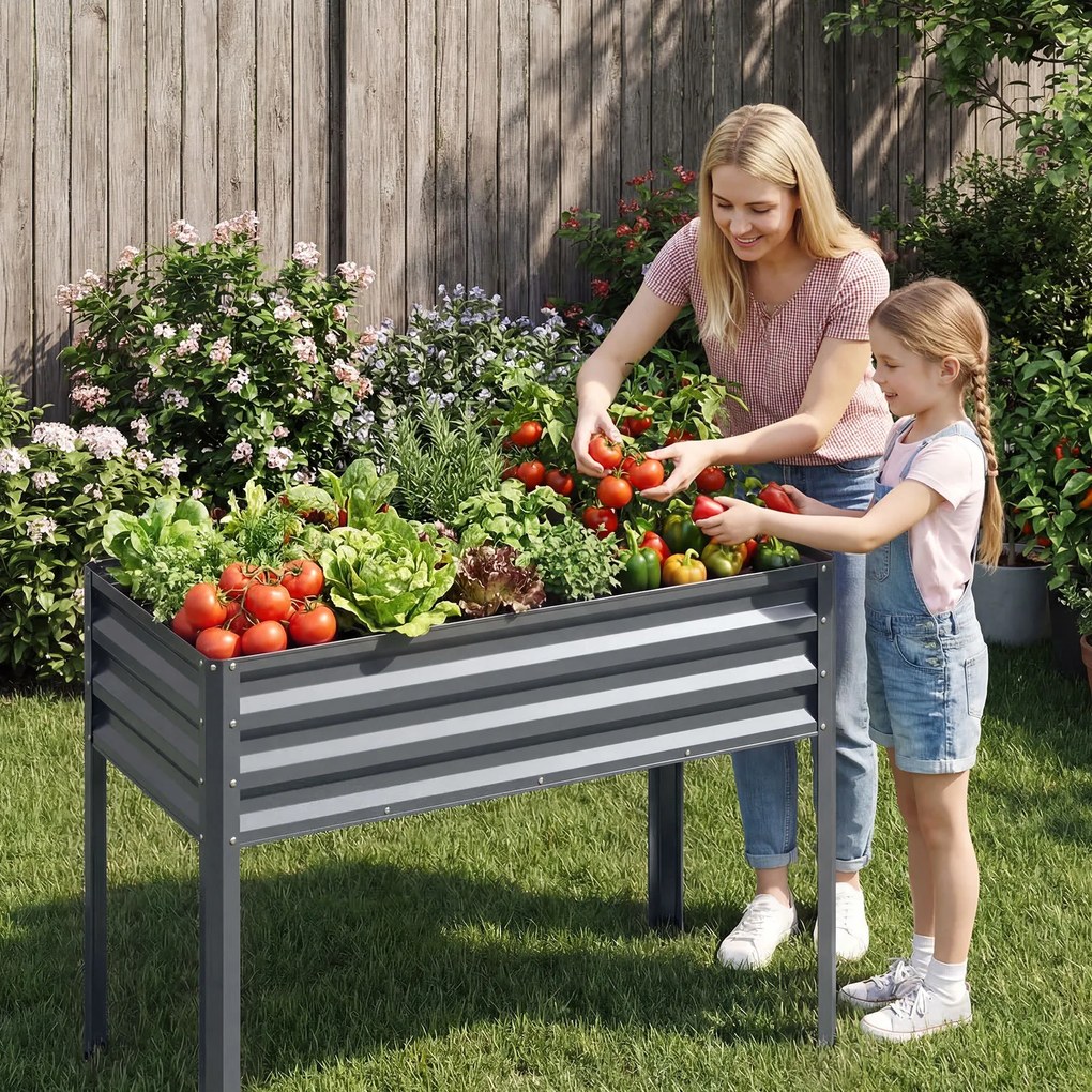 Floreira Elevada de Metal 112 x 55 x 81 cm com Revestimento Eletroforético e Drenagem para Legumes, Flores e Frutas - Cinzenta