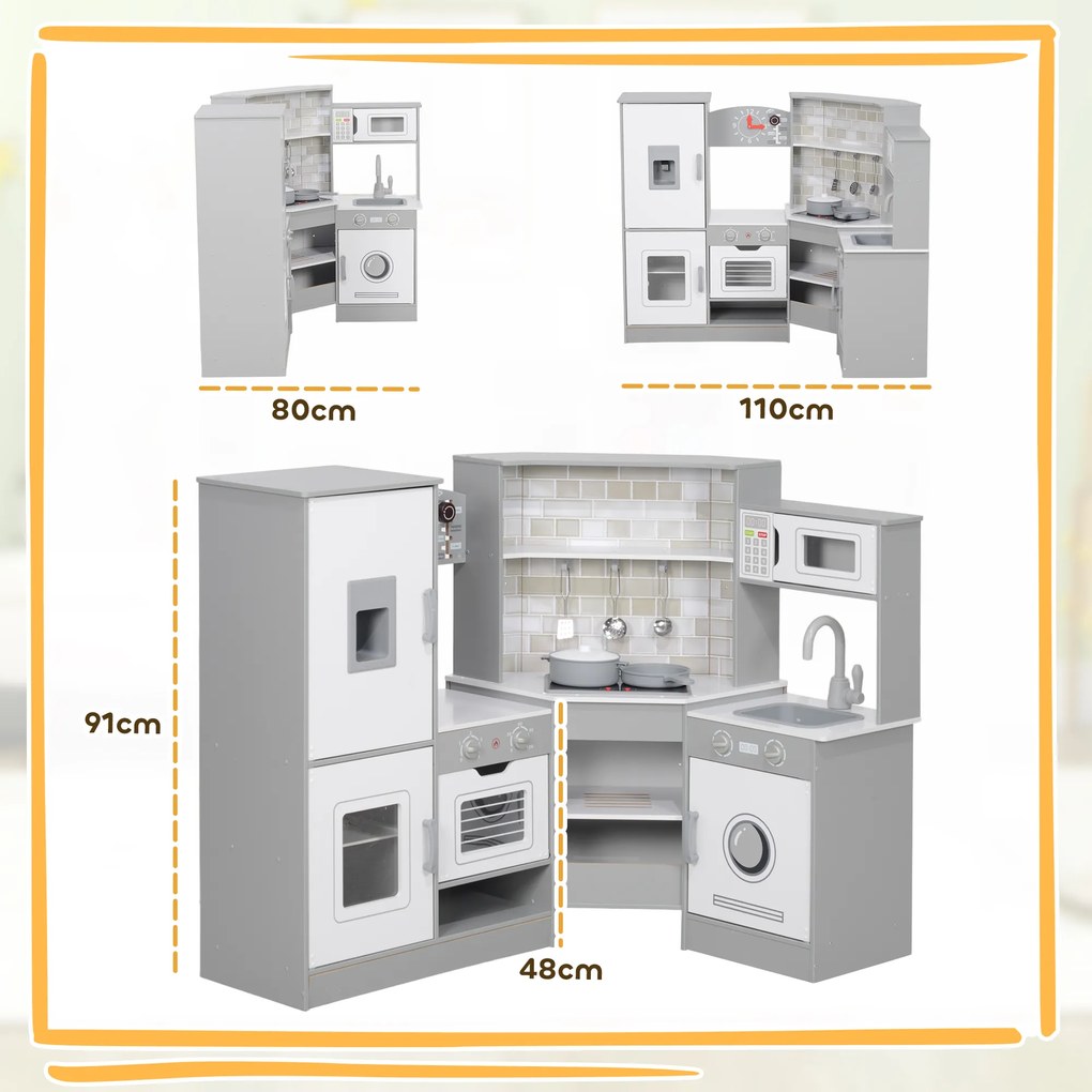Cozinha de Madeira para Crianças com Sons Forno Lavatório Micro-Ondas Máquina de Gelo e Acessórios 110x80x91 cm Cinza