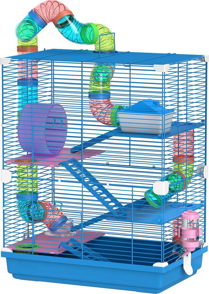 Gaiola para hamster de 4 andares com túneis, comedouro, roda, casinha e escadas – 46 x 30 x 58 cm – azul