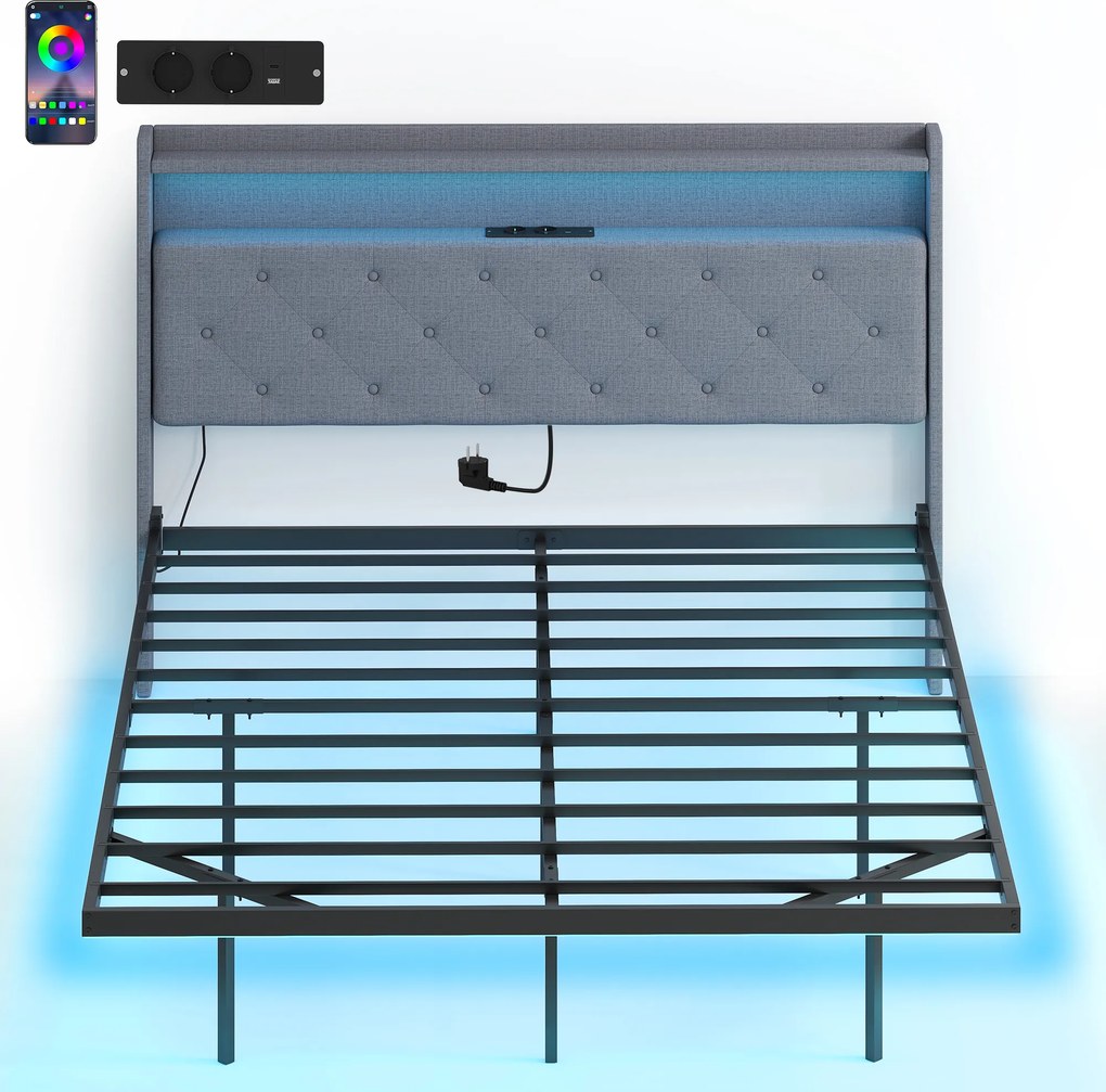 HOMCOM Estrutura de Cama 140x190 cm com Estrado em Aço Cama de Casal Flutuante com Luzes LED RGB e Estação de Carregamento Cinza | Aosom Portugal