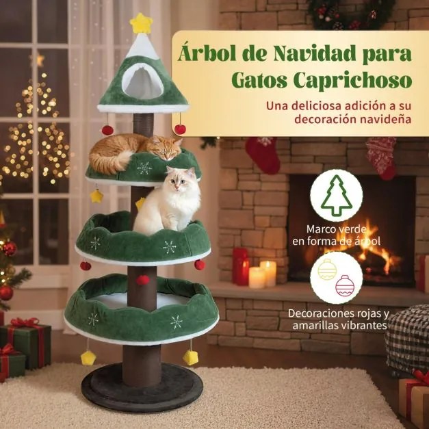 Arranhador para gatos em forma Árvore de Natal 179 cm com Vários Níveis com 3 Plataformas de Veludo Cabide Fechado Superior Verde