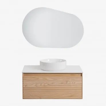 Conjunto De Móvel De Casa De Banho Em Madeira De Freixo Tedrik Castanho Fresno & Cerâmica Redonda Branca Ø40 Cm Lenka & Oval - Sklum