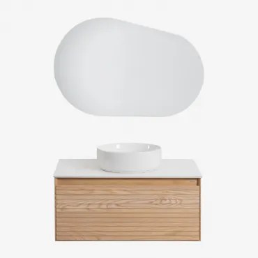 Conjunto De Móvel De Casa De Banho Suspenso Em Madeira De Freixo Tedrik Castanho Fresno & Cerâmica Redonda Branca Ø40 Cm Lenka & - Sklum