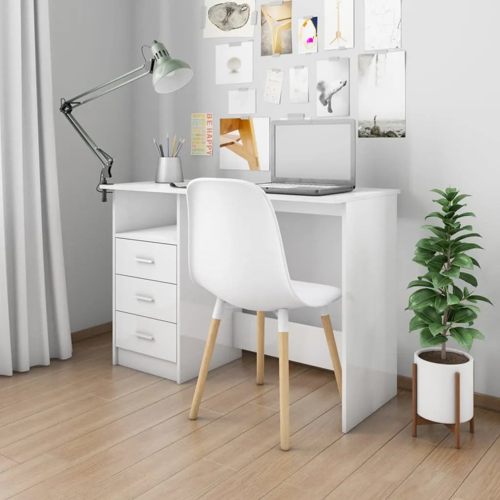 vidaXL Secretária gavetas 110x50x76 cm contraplacado branco brilhante