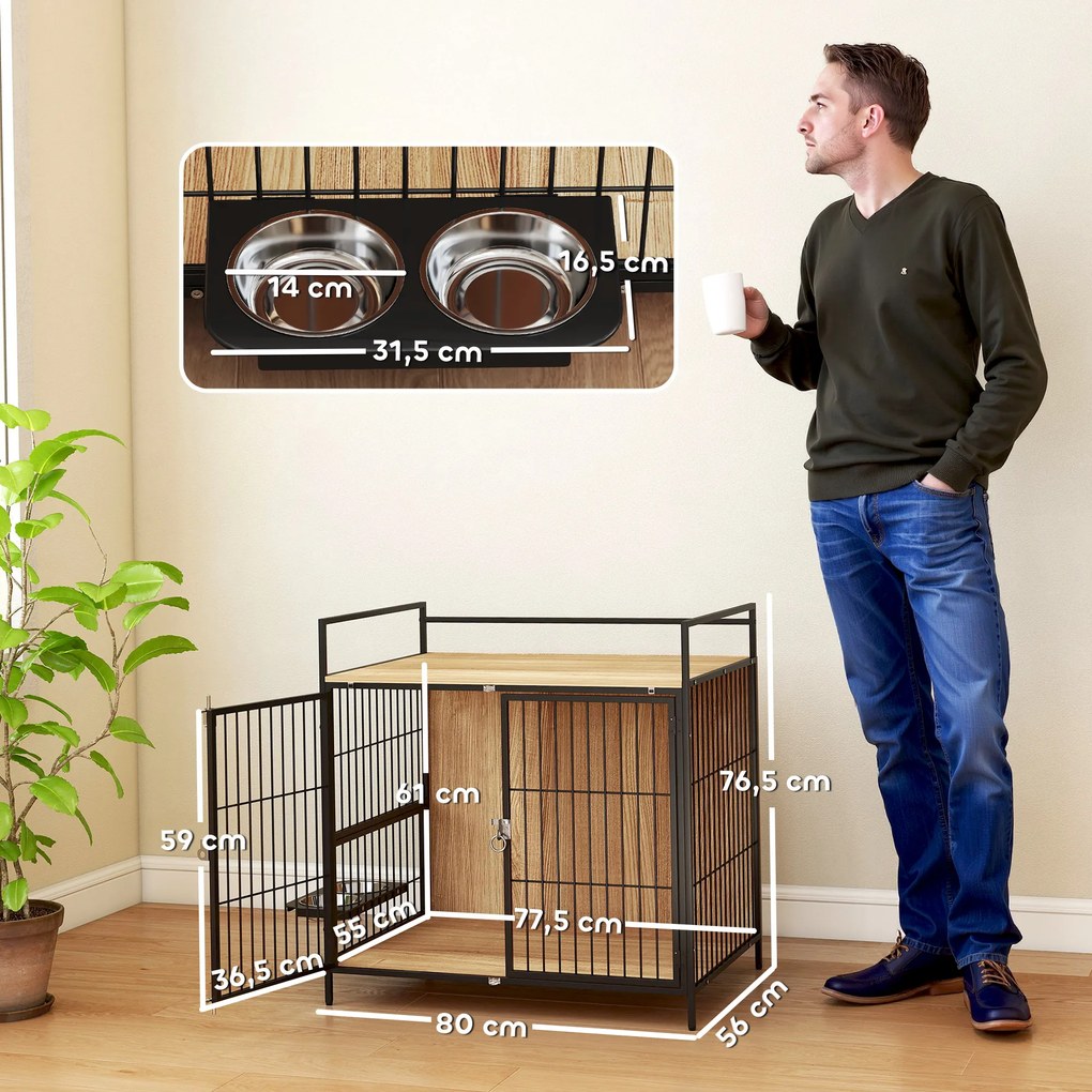 Gaiola para Cães Mesa Auxiliar Moderna com Suporte Giratório com 2 Tigelas para Cães Médios 80x56x76,5 cm Madeira e Preto