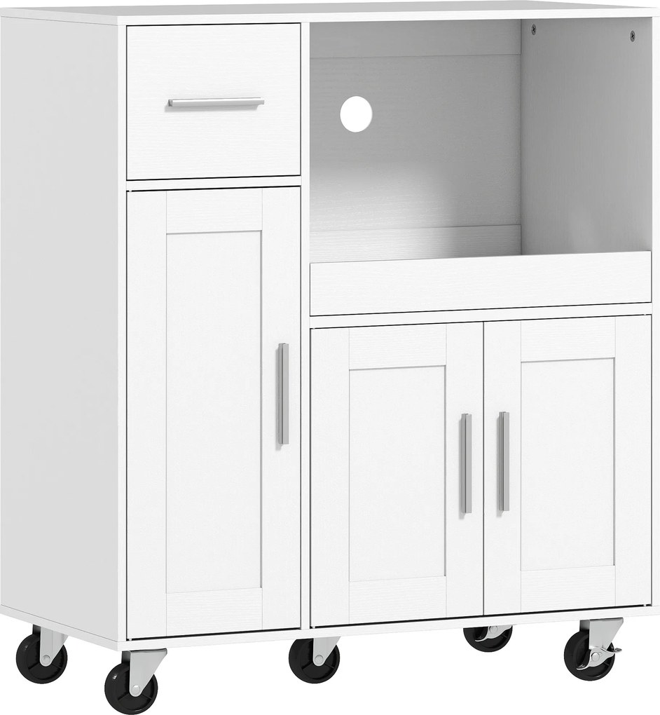 Móvel Auxiliar de Cozinha com Rodas para Microondas com Bandeja Deslizante Gaveta 3 Portas Prateleira Ajustável 80x40x88,7 cm Branco
