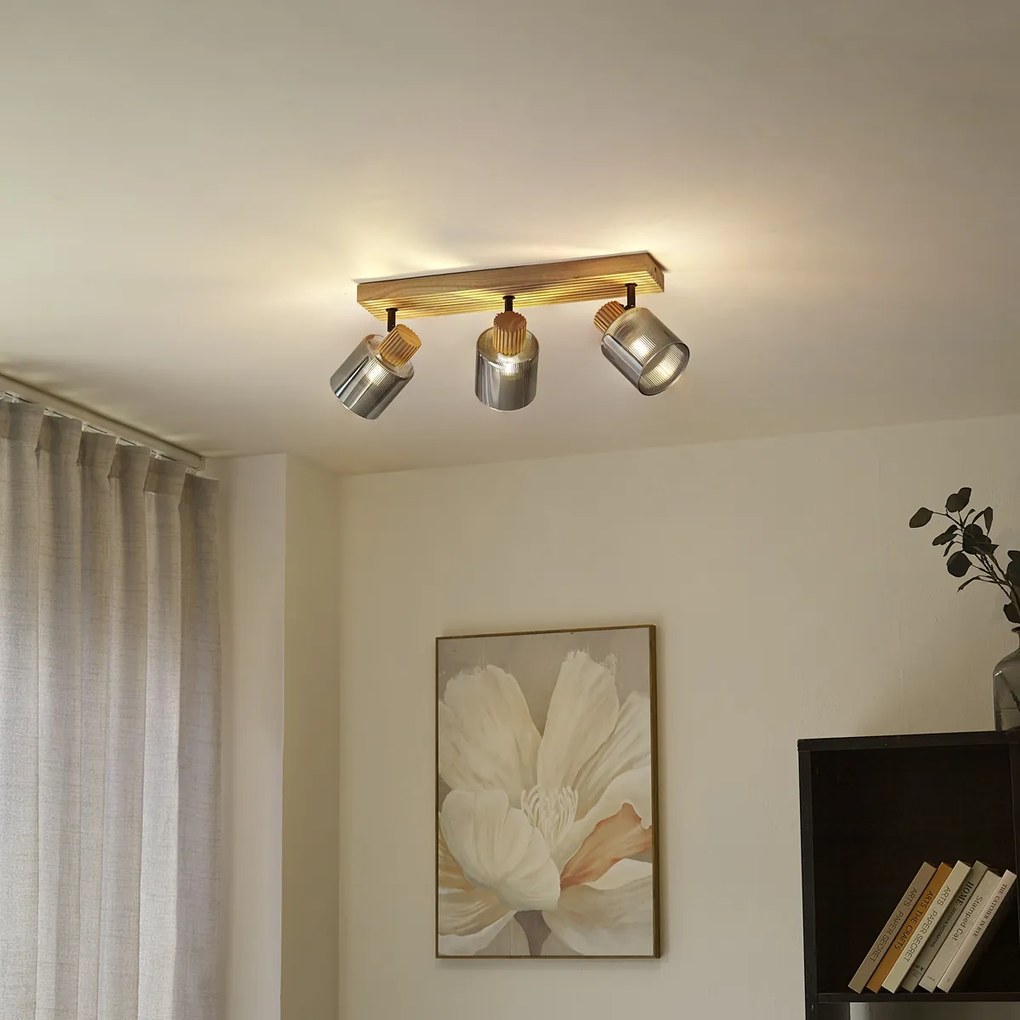 Foco moderno madeira com vidro fumê 3-luzes giratório e inclinável - Gracy