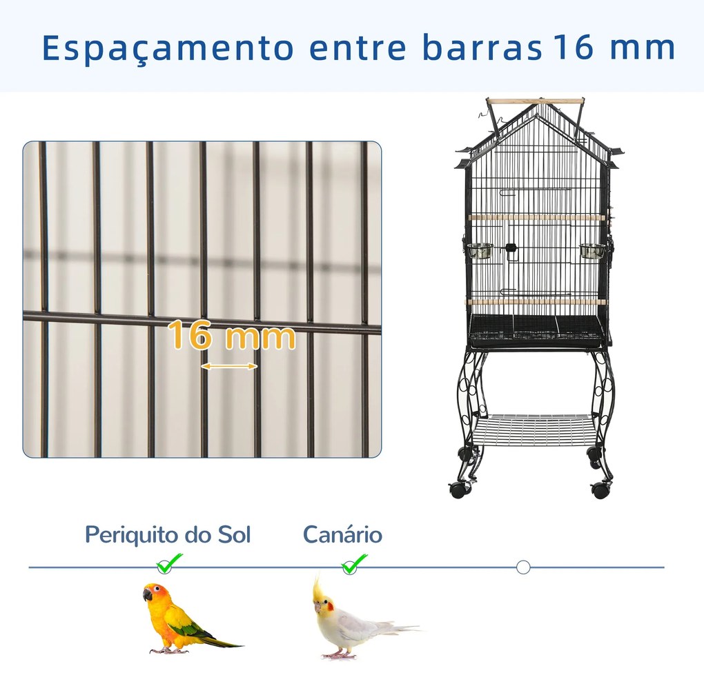 PawHut Gaiola para Pássaros com Suporte Rodas Bandeja Amovível 2 Comed