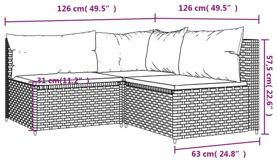 3 pcs conjunto lounge jardim c/ almofadões vime PE castanho