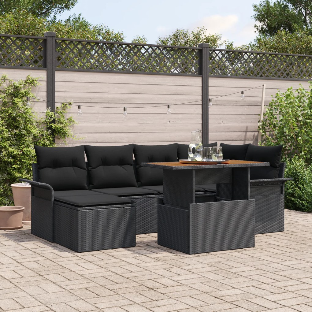 Conjunto de Sofá de Jardim vidaXL 7 Peças com Almofadas Preto Rattan,