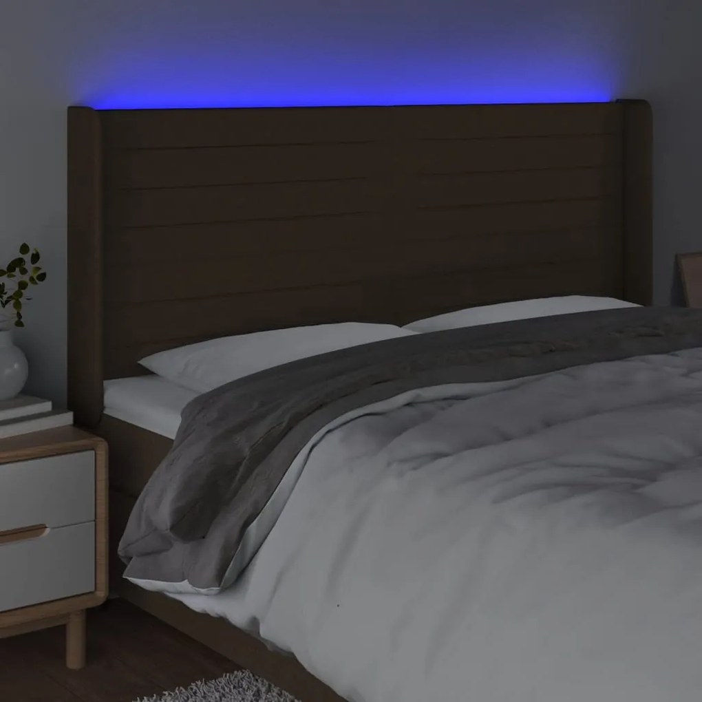 Cabeceira de cama c/ luzes LED tecido 183x16x118/128cm castanho