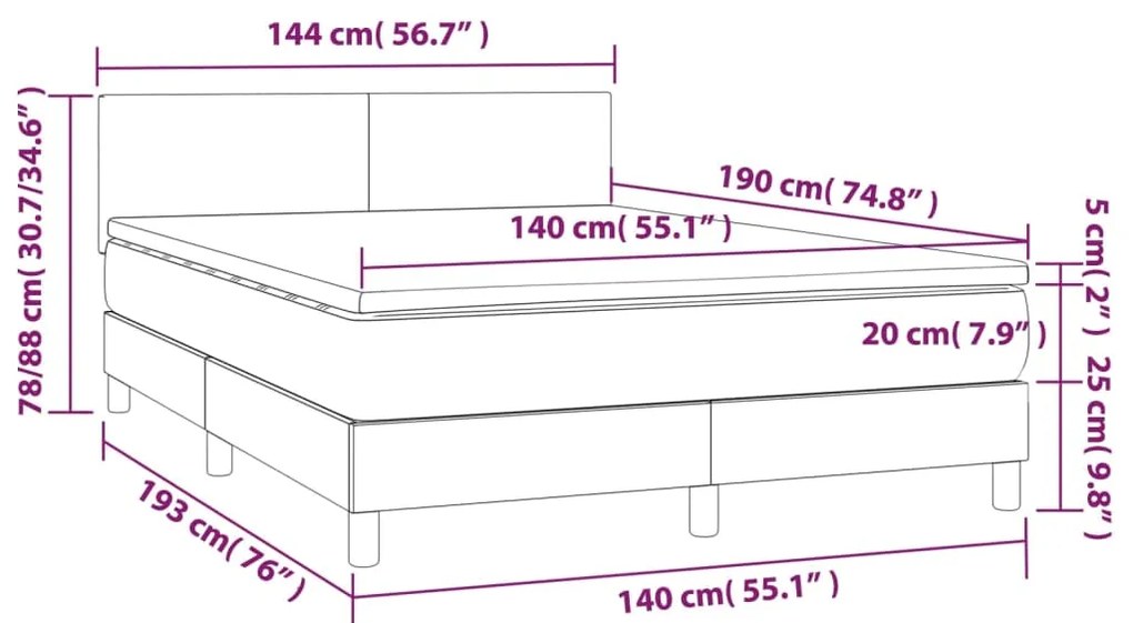 Cama box spring c/ colchão e LED 140x190 cm tecido cinza-escuro