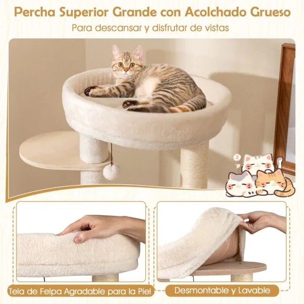 Arranhador para gatos 58 x 48 x 143 cm, com arranhadores de sisal, tapete e escada, brinquedo suspenso, almofada lavável para interior natural