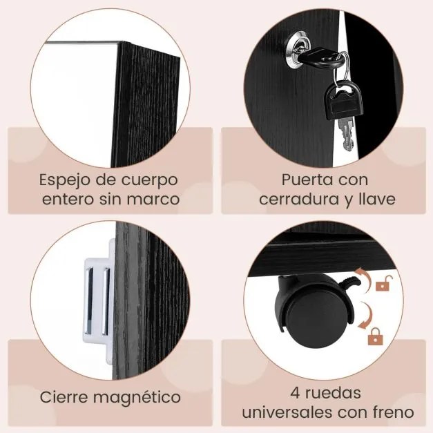 Armário para joias com fechadura 40 x 38 x 164 cm com Espelho de maquilhagem LED com 3 cores Prateleiras ajustáveis e rodas universais Preto