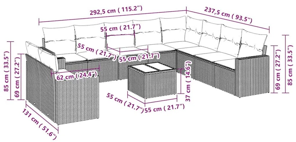 11 pcs conjunto sofás de jardim c/ almofadões vime PE cinzento