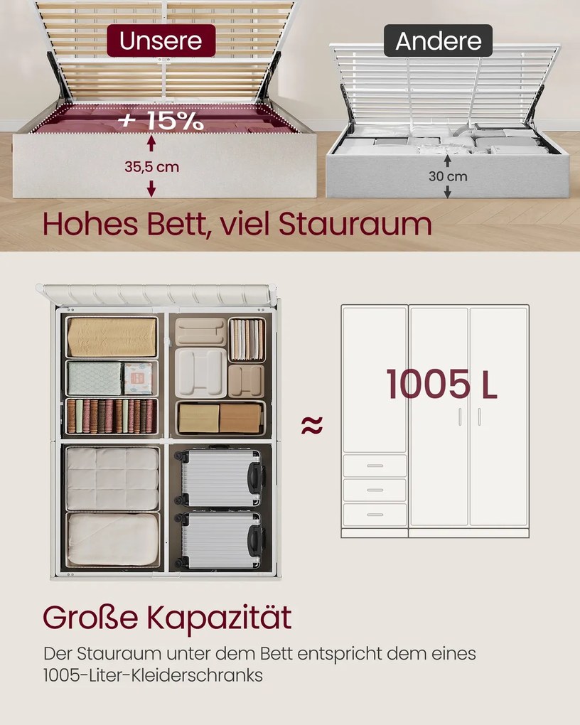 Estrutura de cama 160 x 200 cm (COLCHÃO NÃO INCLUIDO) com arrumação sob a cama; cabeceira em bege cappuccino