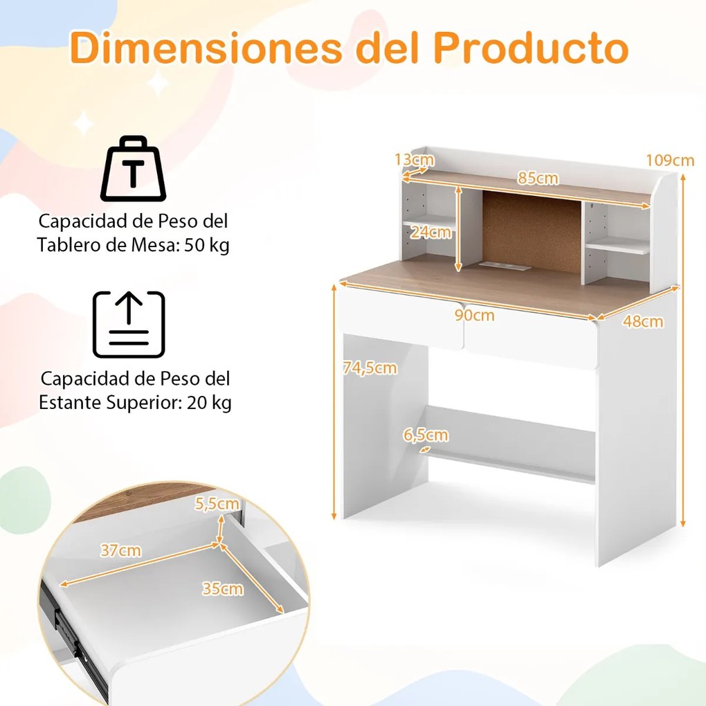 Secretária infantil 90 x 48 x 109 cm com estação de carregamento, tampo amplo, prateleiras ajustáveis e 2 gavetas para crianças para estudo,, branca
