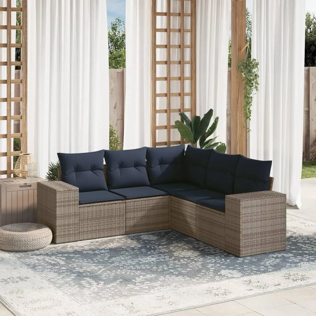 vidaXL 5 pcs conjunto sofás p/ jardim c/ almofadões vime PE cinzento
