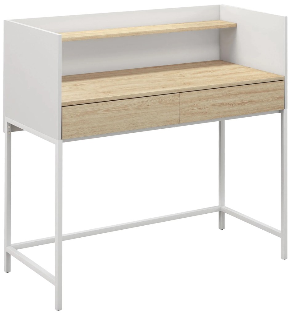 HOMCOM Secretária Moderna Mesa de Escritório com 2 Gavetas e Prateleira Mesa de Estudo 106x51,5x102,5 cm Branco e Carvalho | Aosom Portugal