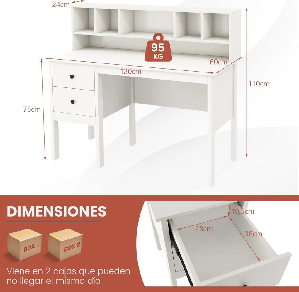 Secretária com 2 gavetas e estante com 5 cubículos 120 x 60 x 110 cm Branca
