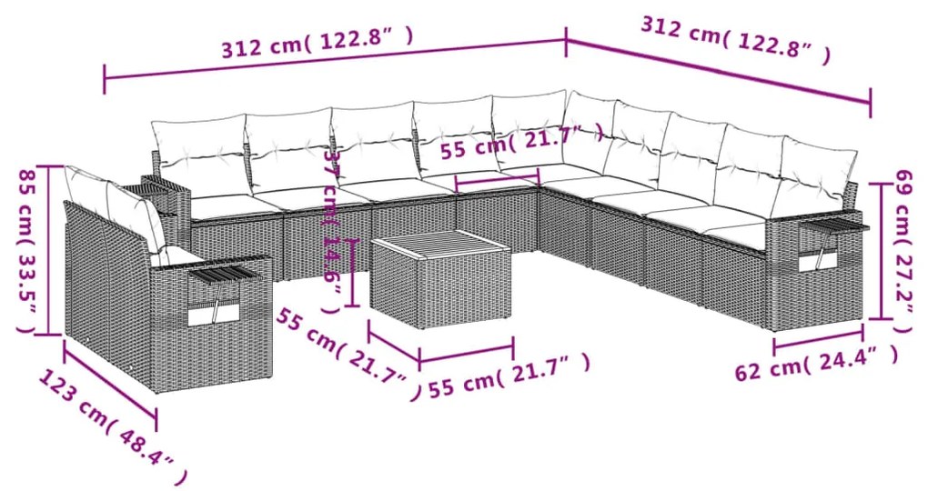 12 pcs conjunto de sofás p/ jardim com almofadões vime PE bege