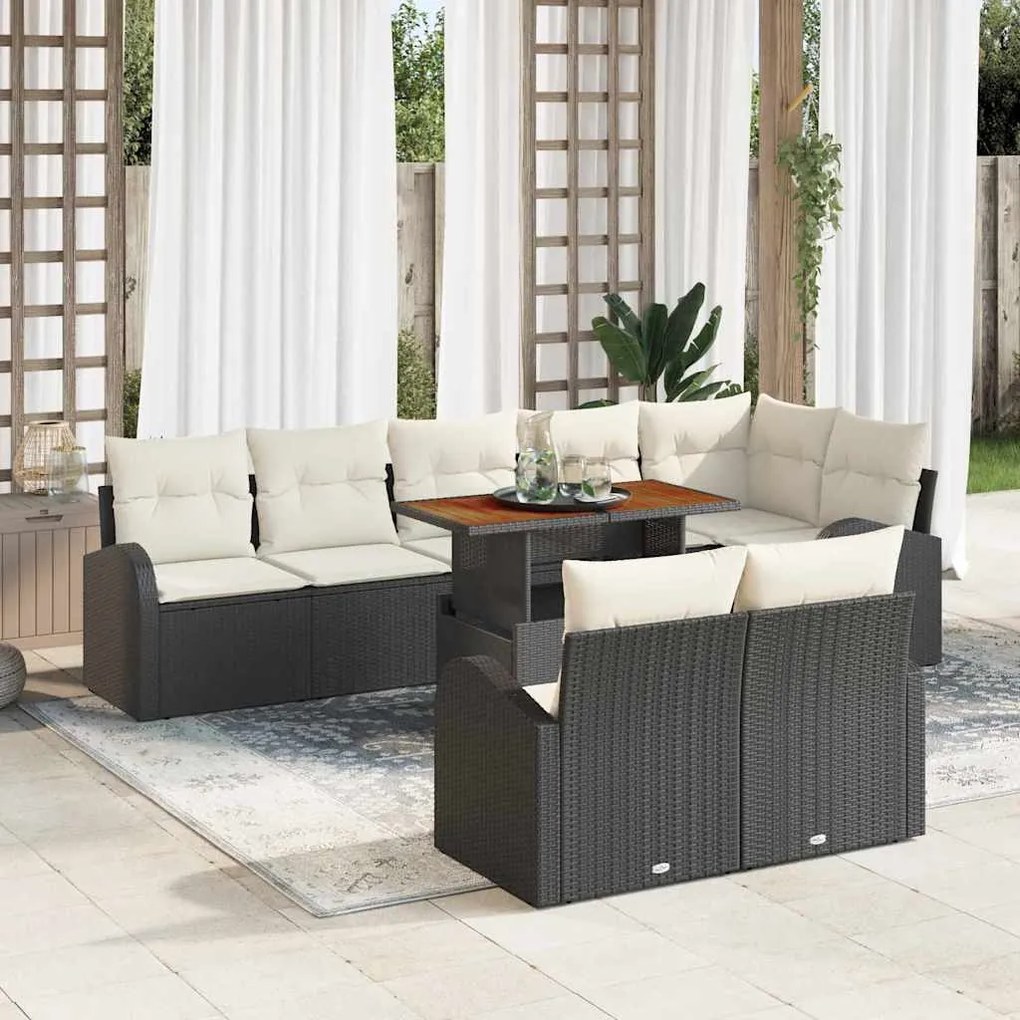 vidaXL Conjunto de Jantar para Jardim com 9 Peças - Almofadas de Rattan Preto e Madeira de Acácia.