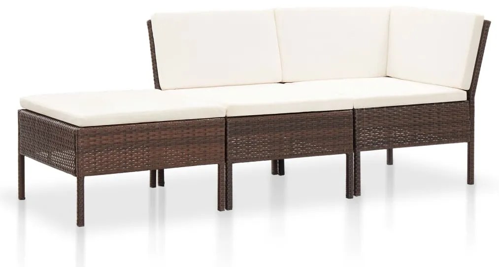 3 pcs conjunto lounge jardim c/ almofadões vime PE castanho