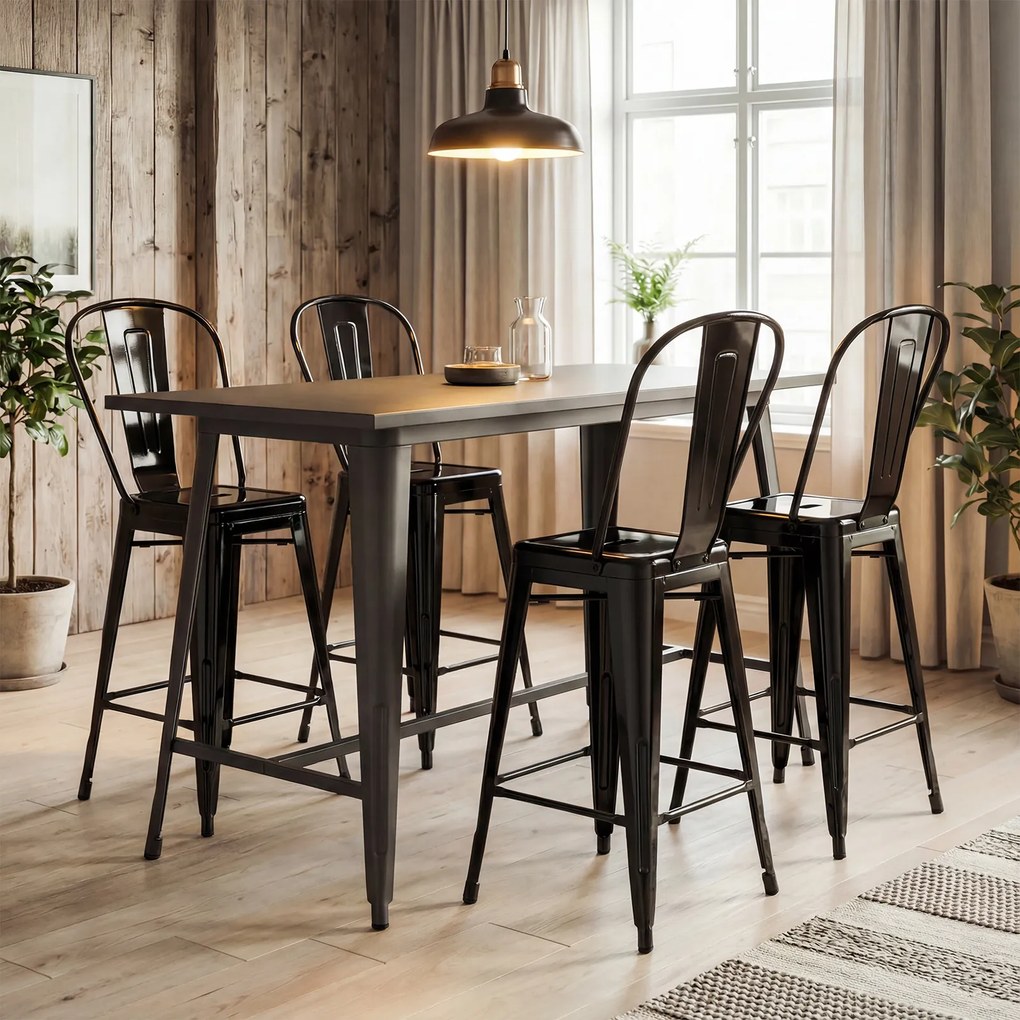 Conjunto de 4 Bancos de Bar com Encosto, 44,5 x 45,5 x 103 cm, Empilháveis, Preto