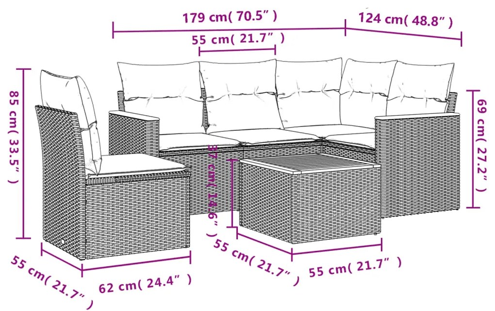 6 pcs conjunto sofás de jardim com almofadões vime cinzento