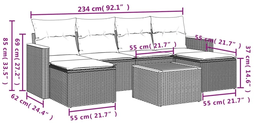 7 pcs conjunto sofás p/ jardim c/ almofadões vime PE cinzento